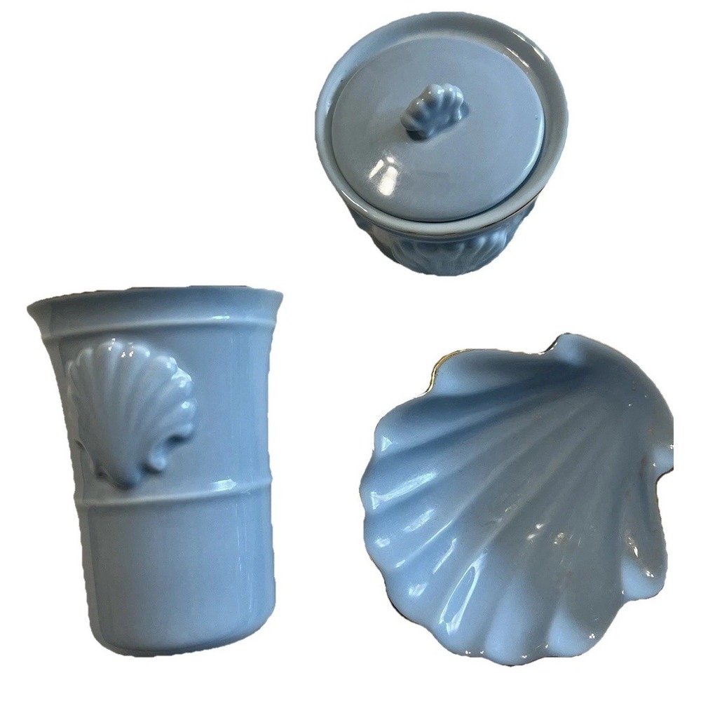 Vintage Carolina Japan Blue Ceramic Seashell Bathroom Vanity Set 3pc Gold Trim